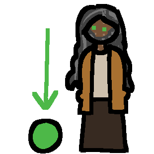 : a small green circle with a green arrow pointing to it. there is a person next to it. the circle is about the size of their head. the person is wearing a brown skirt, a dull orange cardigan and a cream shirt. they have long wavy salt and pepper hair, a beard, green eyes and medium dark-brown skin with several circular scars.